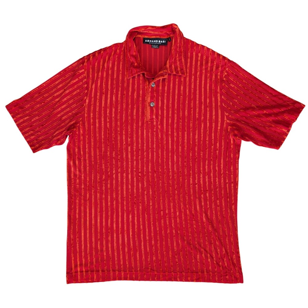Vintage Armand Basi XL Red Orange Sheer Velvet Stripe Short Sleeve Polo